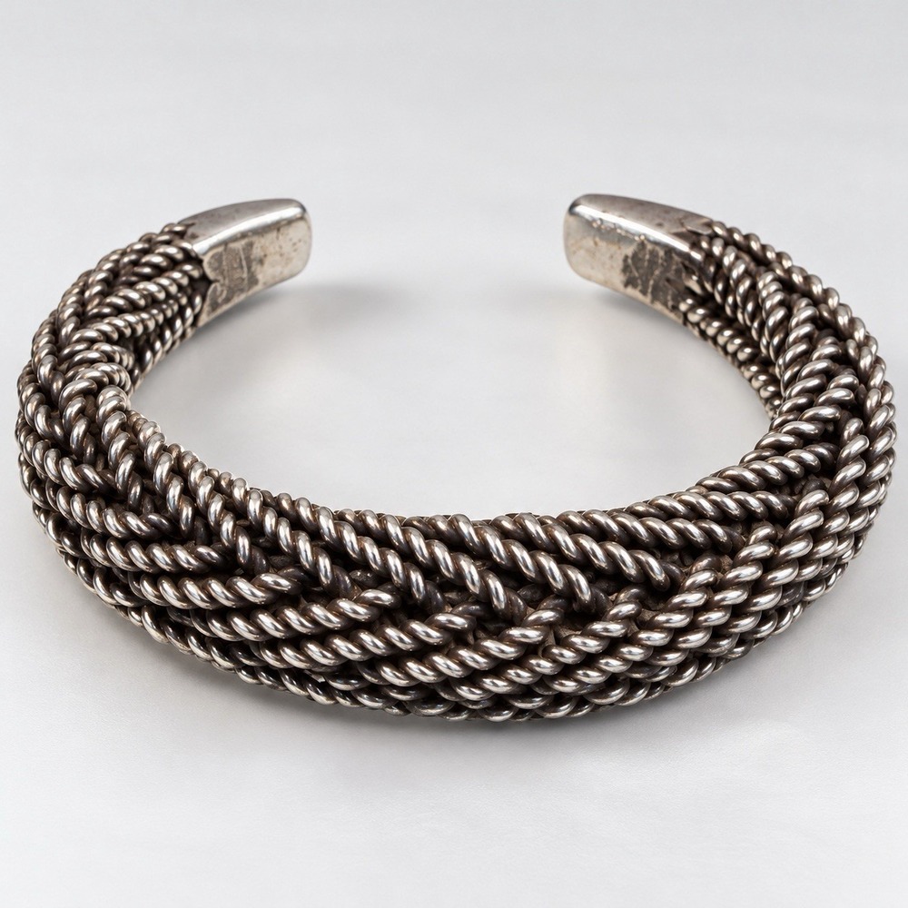 Vintage Sterling Silver Braided Woven Rope Cuff Bracelet 90g Heavy 6.5" Artisan